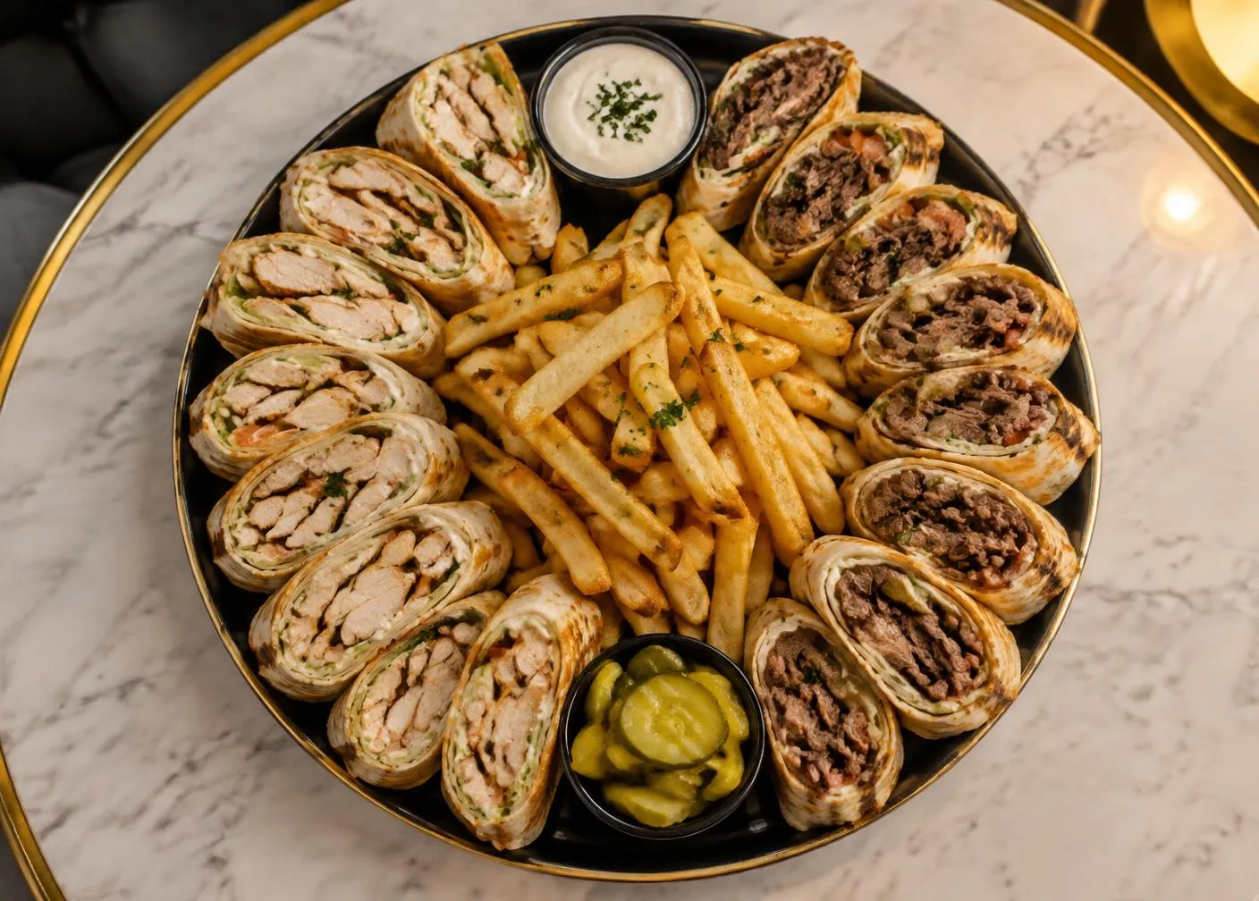 Shawarma party tray with chicken and beef shawarma rolls and fries