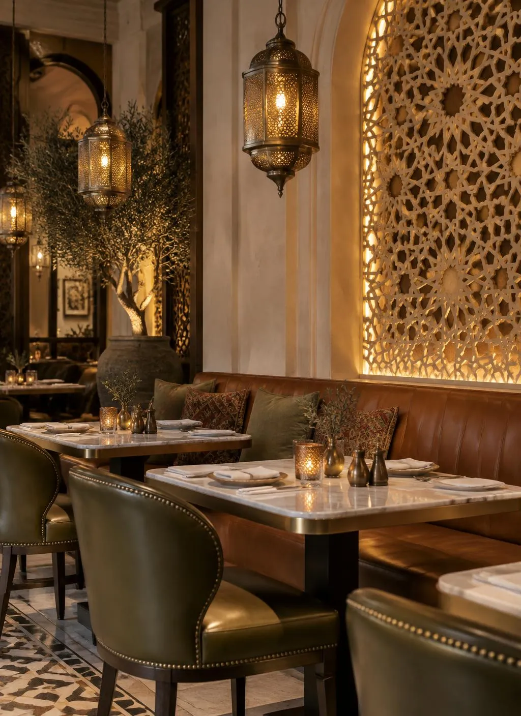 Olive leather chairs, marble tables with brass edges, caramel banquette and glowing brass lanterns