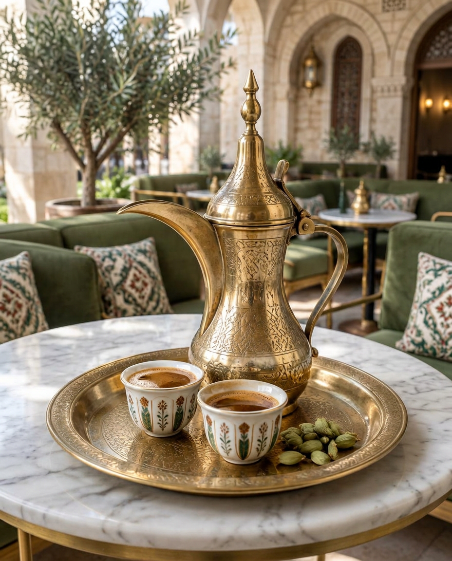 Arabic cardamom coffee in finjan cups beside an engraved brass dallah